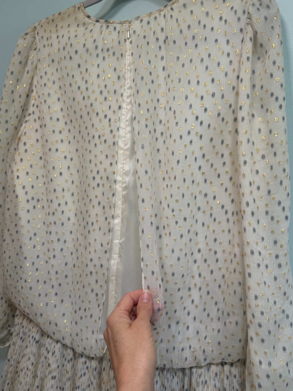 Vintage silk metallic polka dot long sleeve flouncy dress, size medium - Picture 5 of 8
